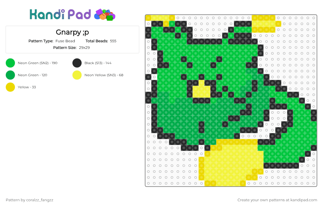 Gnarpy ;p - Fuse Bead Pattern by coralzz_fangzz on Kandi Pad - cotdaliens, green