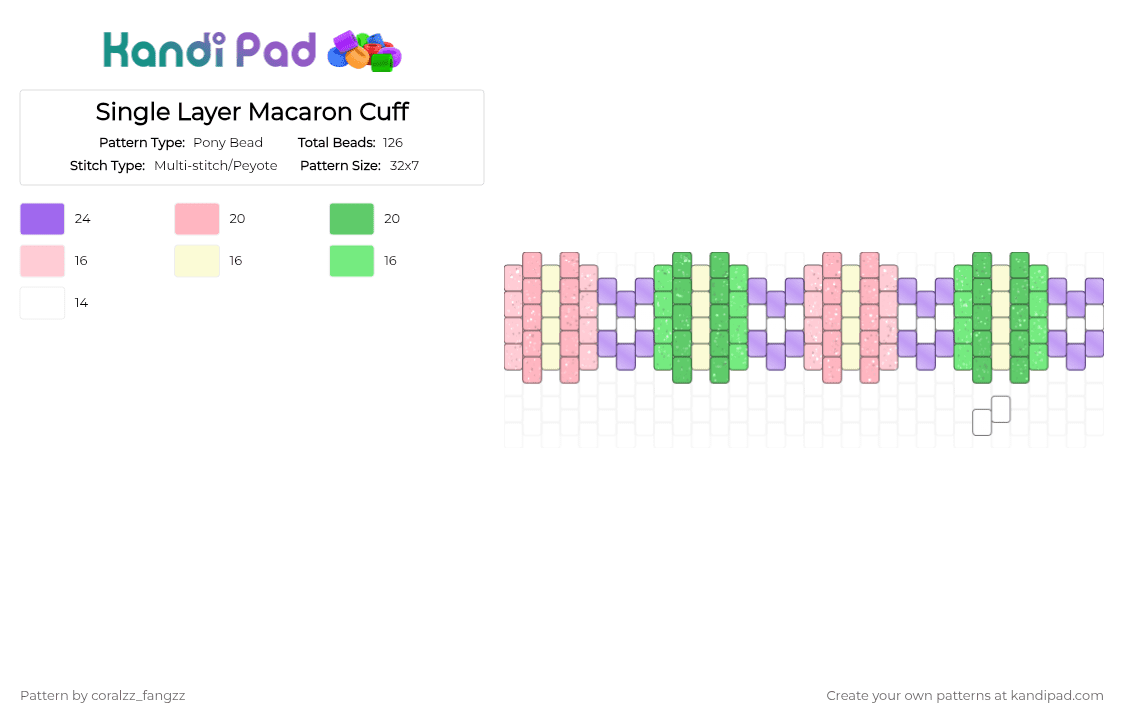 Single Layer Macaron Cuff - Pony Bead Pattern by coralzz_fangzz on Kandi Pad - pink,green,purple