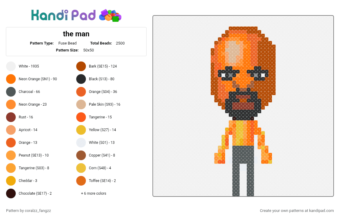 the man - Fuse Bead Pattern by coralzz_fangzz on Kandi Pad - white,red,orange,pink