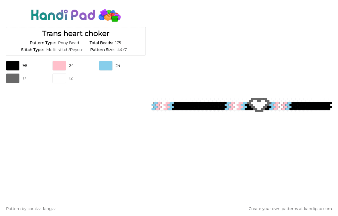 Trans heart choker - Pony Bead Pattern by coralzz_fangzz on Kandi Pad - black,pink,light blue
