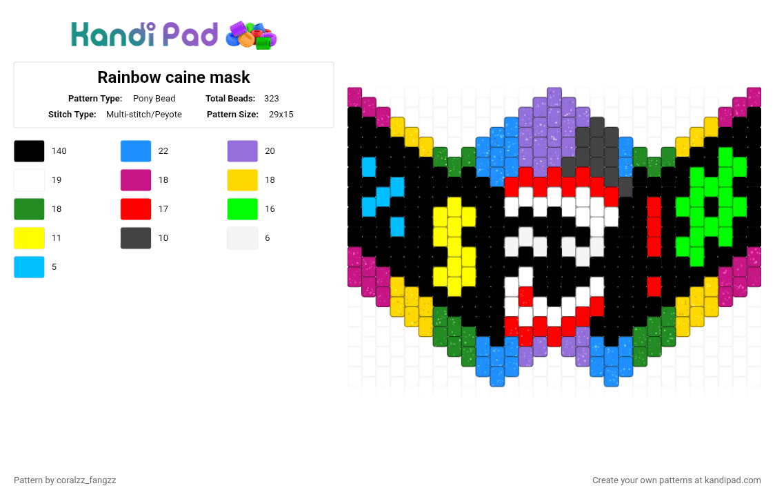 Rainbow caine mask - Pony Bead Pattern by coralzz_fangzz on Kandi Pad - black,light blue,yellow,green