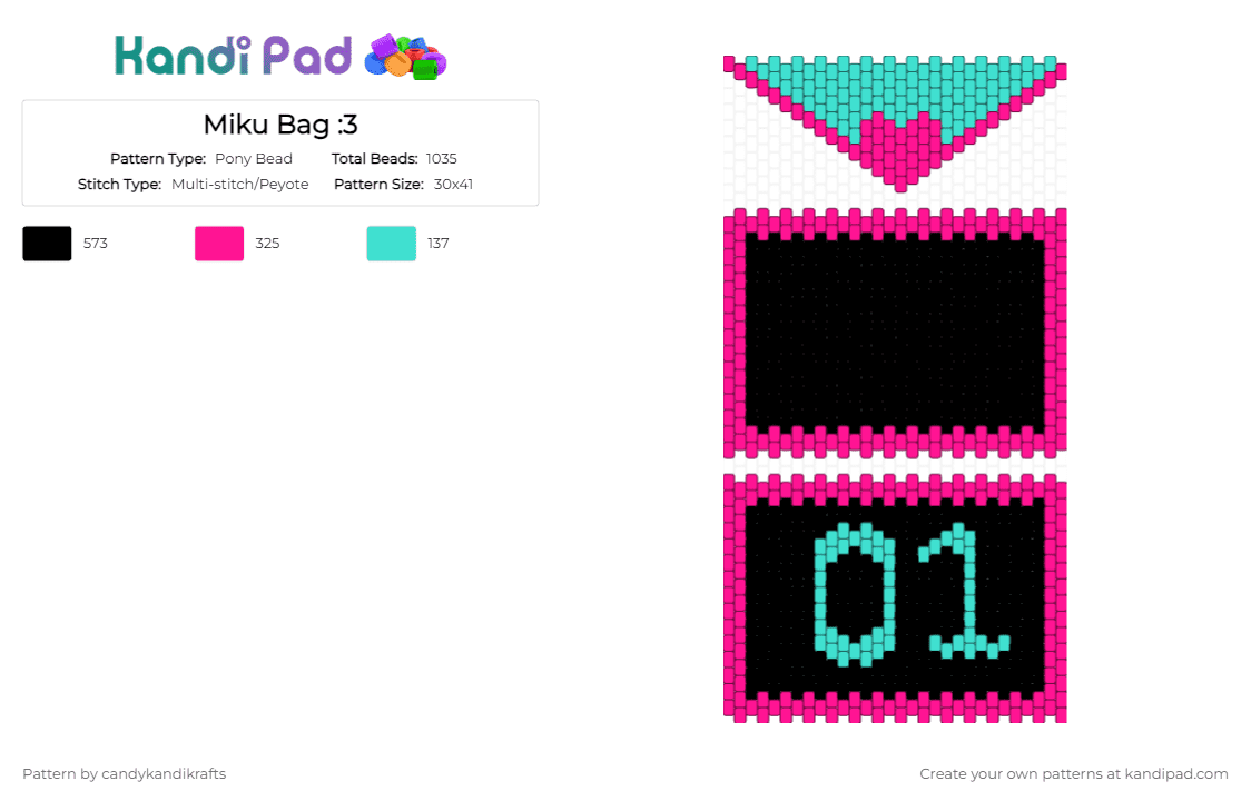 Miku Bag :3 - Pony Bead Pattern by candykandikrafts on Kandi Pad - pink,light blue,vocaloid,miku,miku miku oo ee oo,bags,pony beads,bag