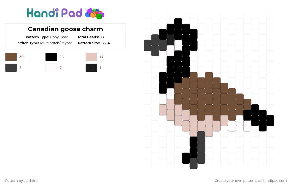 Canadian goose charm - Pony Bead Pattern by starbiird on Kandi Pad - tan,beige,bird,birds,goose,canadian goose,charm
