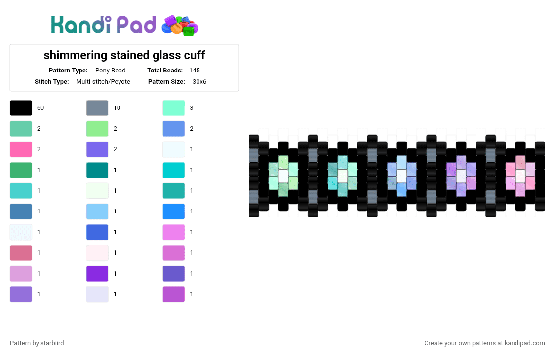shimmering stained glass cuff - Pony Bead Pattern by starbiird on Kandi Pad - black,teal,pink,colorful,cotdstainedglass