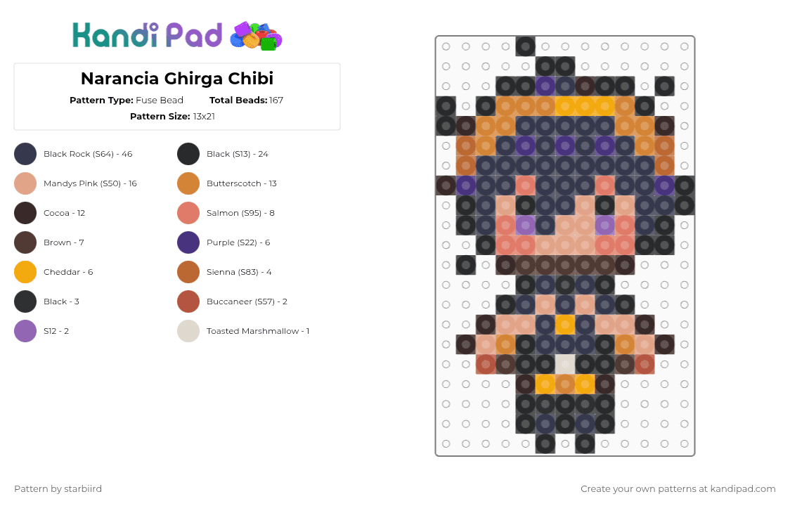 Narancia Ghirga Chibi - Fuse Bead Pattern by starbiird on Kandi Pad - purple,brown,orange,beige,jjba,narancia