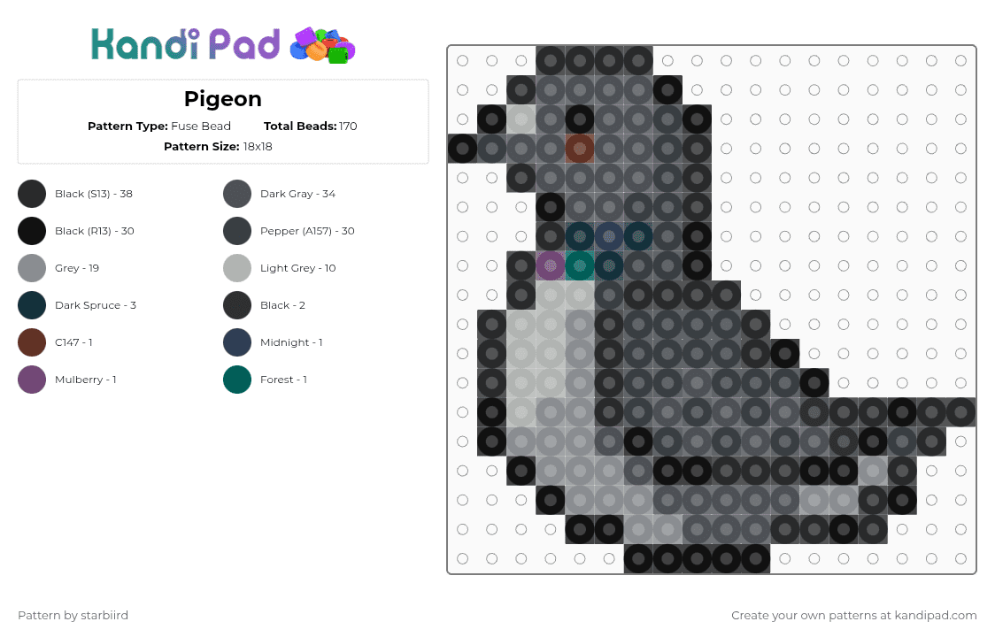 Pigeon - Fuse Bead Pattern by starbiird on Kandi Pad - black,gray,pigeon,birds