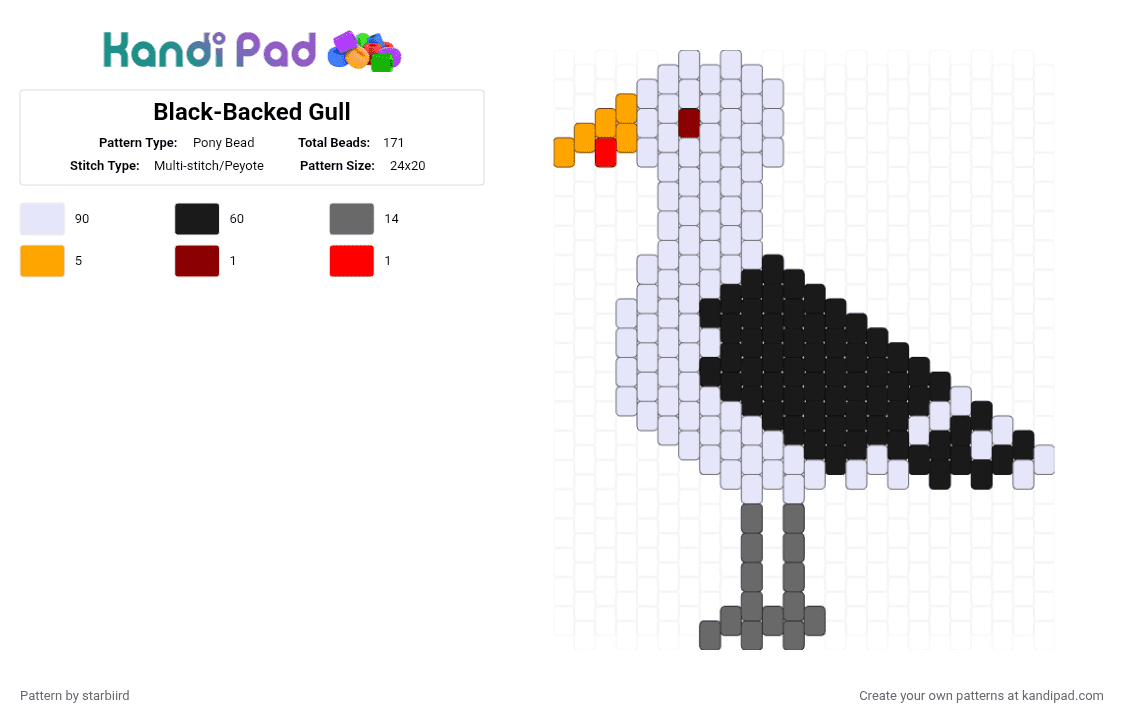 Black-Backed Gull - Pony Bead Pattern by starbiird on Kandi Pad - white,gray,bird,birds,seagull,black backed gull