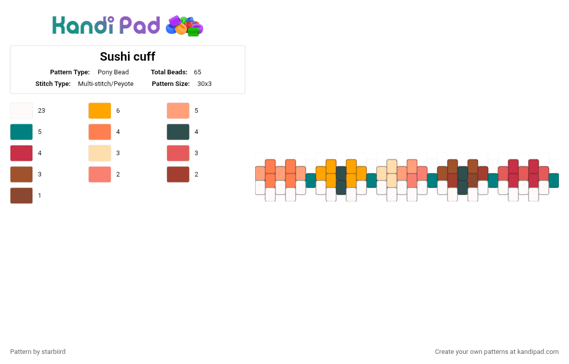 Sushi cuff - Pony Bead Pattern by starbiird on Kandi Pad - orange,red,cotddinnerparty