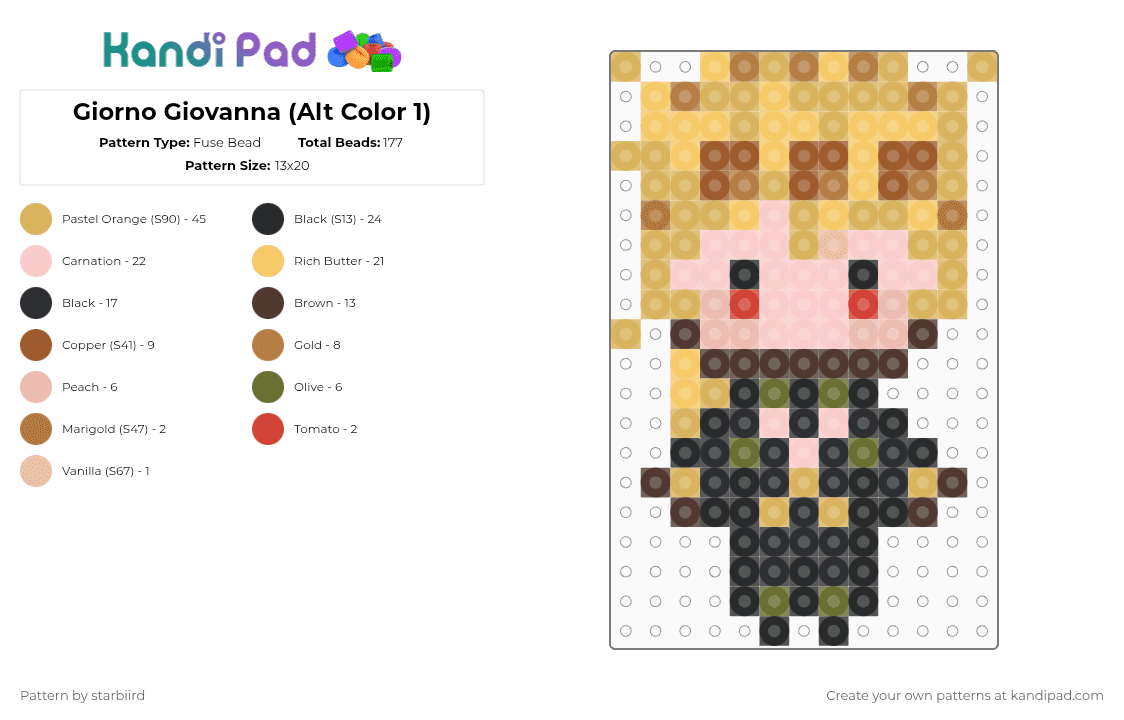 Giorno Giovanna (Alt Color 1) - Fuse Bead Pattern by starbiird on Kandi Pad - orange,yellow,tan,beige,jjba,giorno