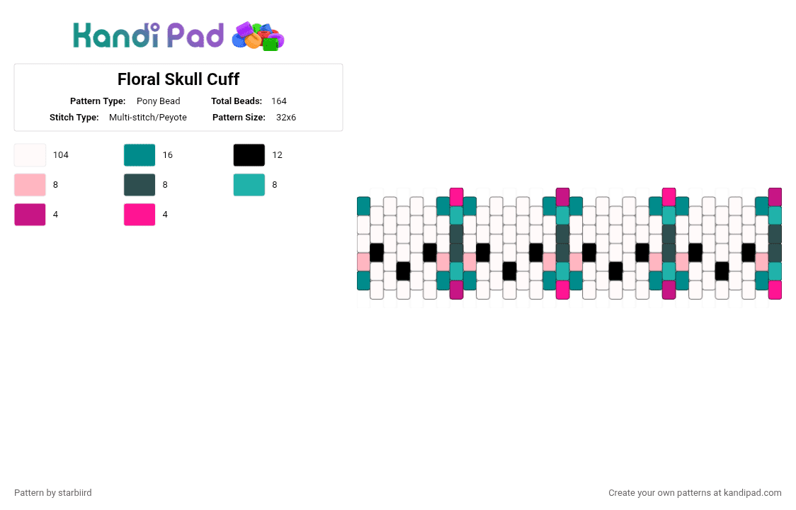 Floral Skull Cuff - Pony Bead Pattern by starbiird on Kandi Pad - white,pink,teal,skull,skulls,flowers,floral,cuff