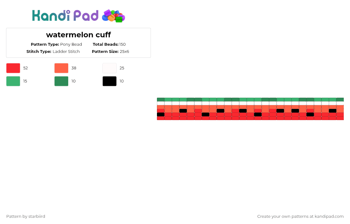watermelon cuff - Pony Bead Pattern by starbiird on Kandi Pad - red,fruit,watermelon,cuff,ladder cuff