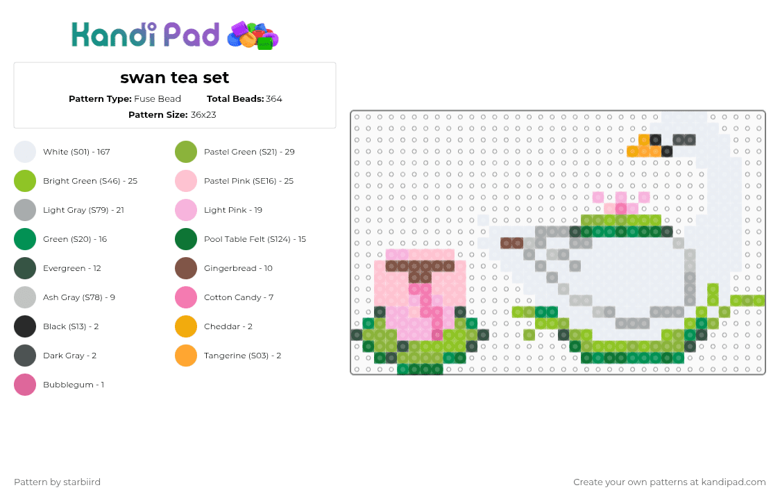 swan tea set - Fuse Bead Pattern by starbiird on Kandi Pad - white,green,gray,pink,cotdkitchen