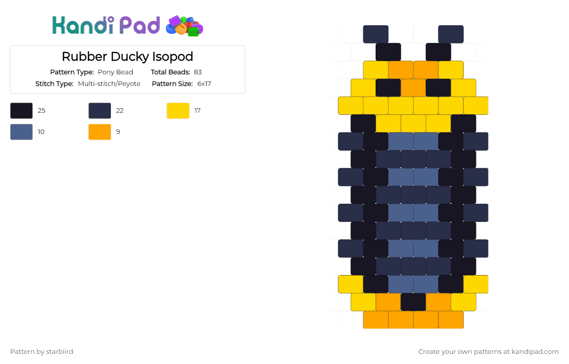 Rubber Ducky Isopod - Pony Bead Pattern by starbiird on Kandi Pad - yellow,purple,cotdinsects