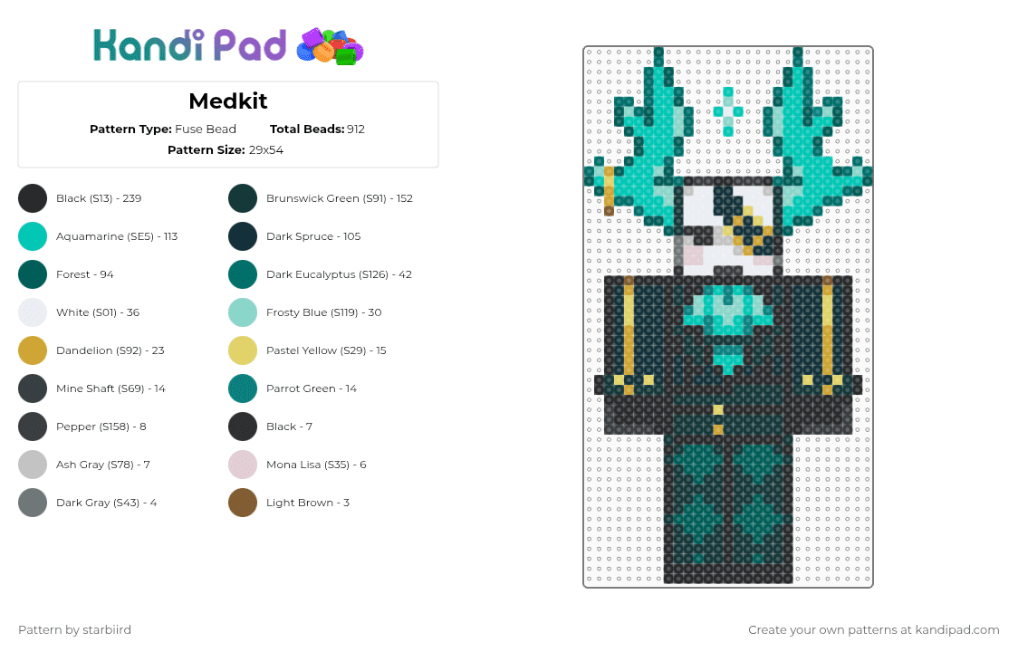 Medkit - Fuse Bead Pattern by starbiird on Kandi Pad - black,gray,teal,medkit,medkit phighting,phighting,roblox