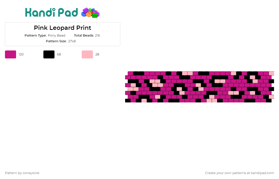 Pink Leopard Print - Pony Bead Pattern by coneysicle on Kandi Pad - leopard,animal print,spots,cuff,playful,bold,stylish,fashionable,spirited,pink