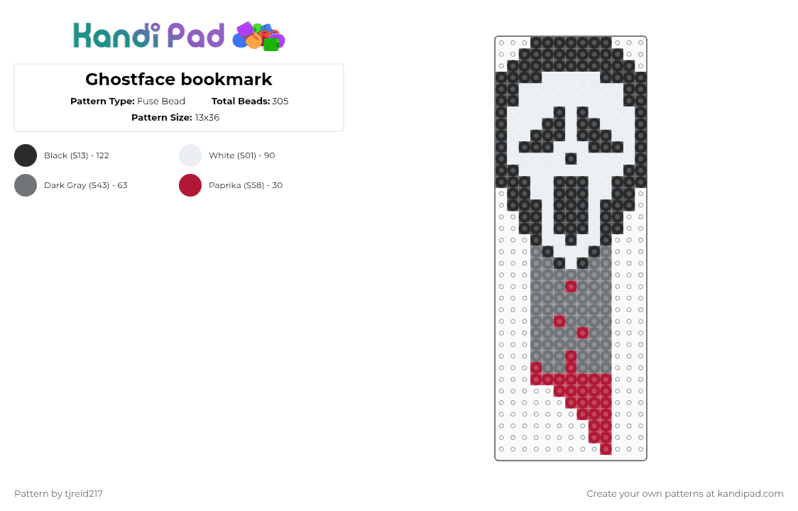 Ghostface bookmark - Fuse Bead Pattern by tjreid217 on Kandi Pad - gray, red