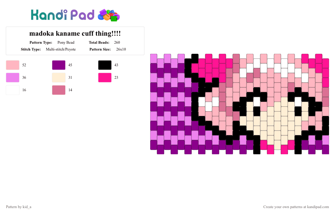 madoka kaname cuff thing!!!! - Pony Bead Pattern by kid_a on Kandi Pad - pink,madoka,madoka magica,madoka kaname,magical girl,anime,purple