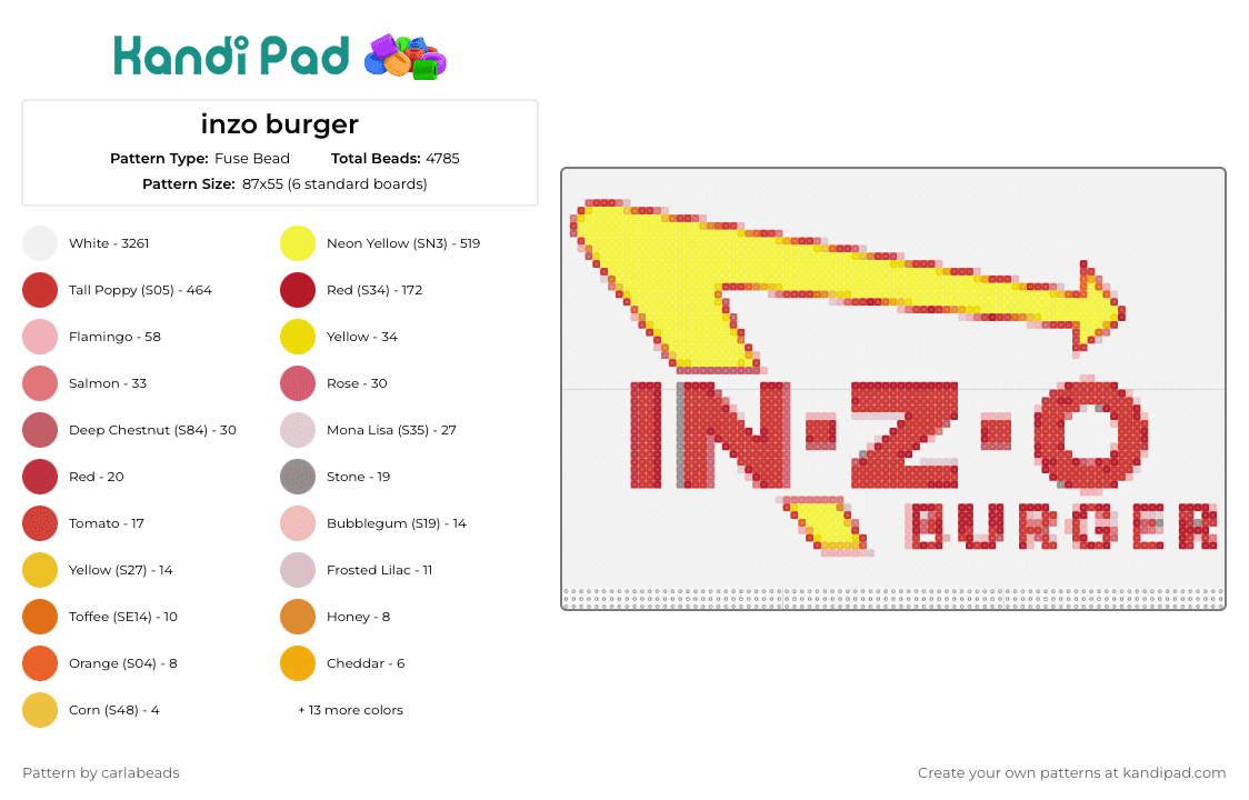 inzo burger - Fuse Bead Pattern by carlabeads on Kandi Pad - inzo,innout,dj,burger,mashup,restaurant,edm,music,eclectic,zest,yellow,red