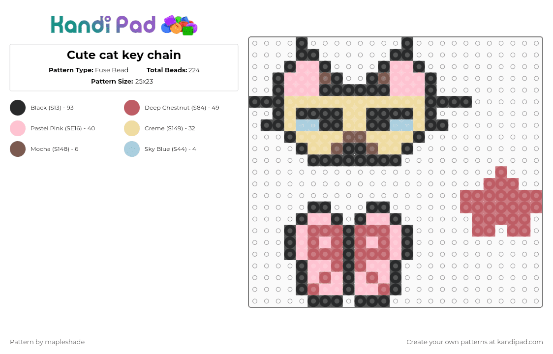 Cute cat key chain - Fuse Bead Pattern by mapleshade on Kandi Pad - pink,beige,red