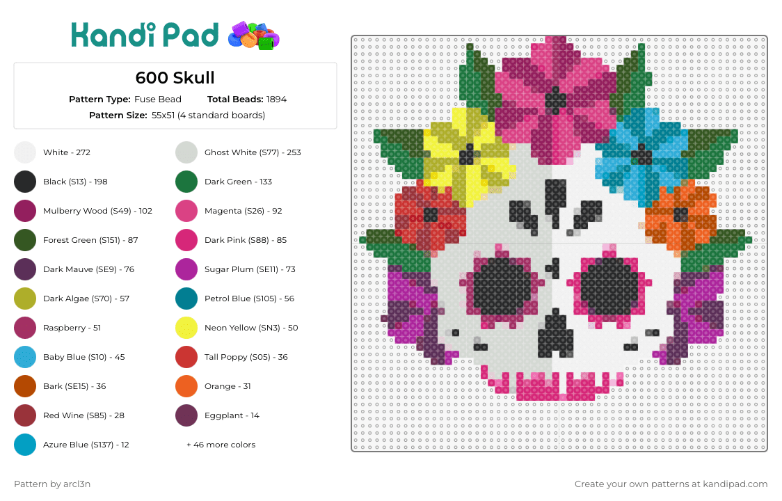 600 Skull - Fuse Bead Pattern by arcl3n on Kandi Pad - sugar skull,flowers,vibrant,festive,cultural,traditional,artistry,meaningful,colorful,pink,white