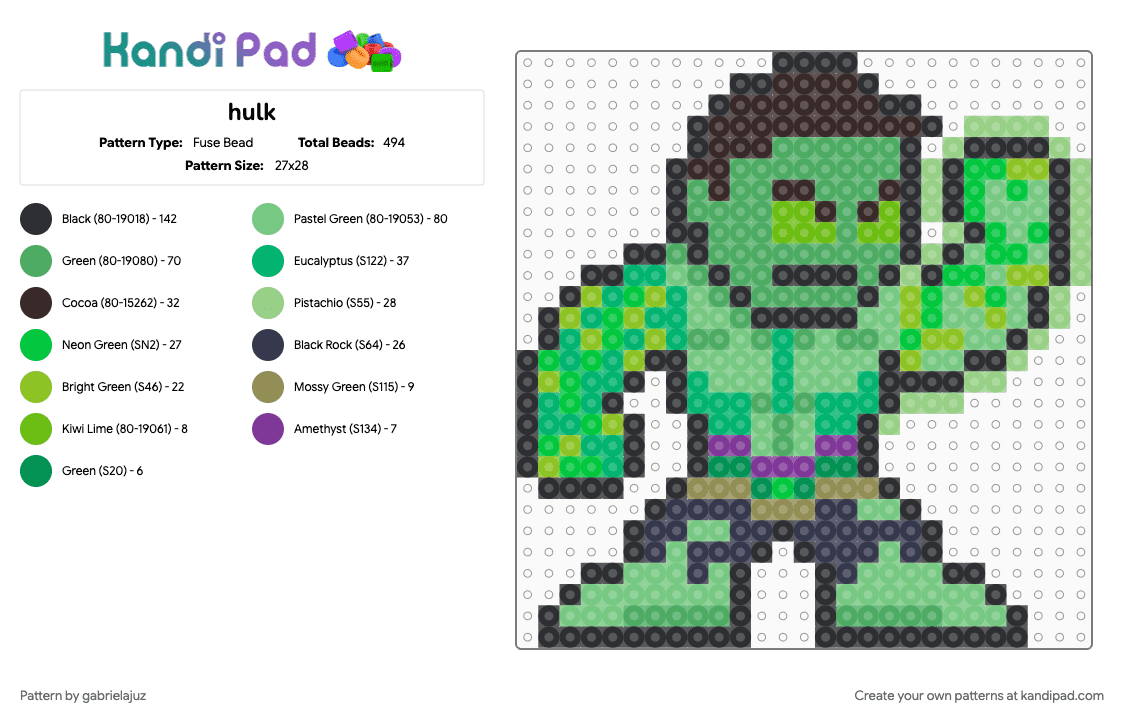 hulk - Fuse Bead Pattern by gabrielajuz on Kandi Pad - green, teal