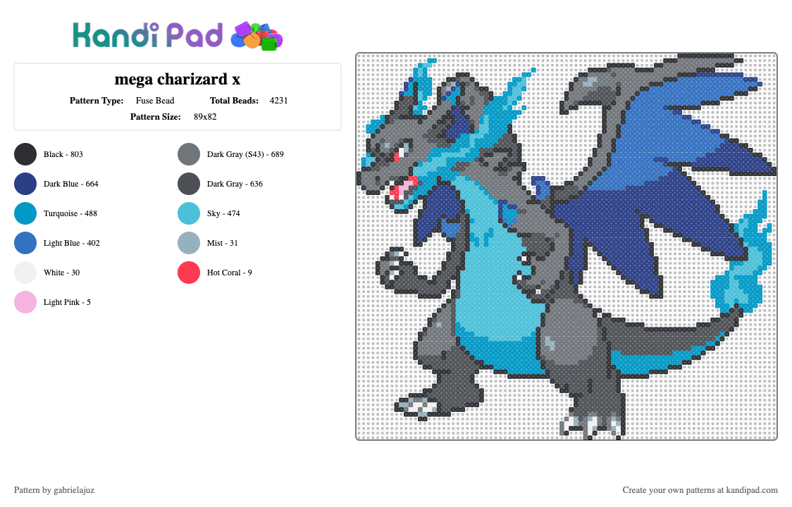 mega charizard x - Fuse Bead Pattern by gabrielajuz on Kandi Pad - gray,blue,light blue