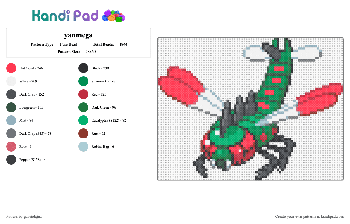 yanmega - Fuse Bead Pattern by gabrielajuz on Kandi Pad - gray,green,red