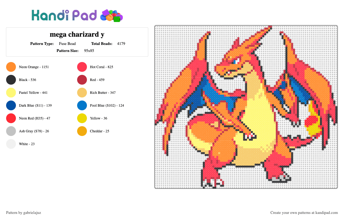 mega charizard y - Fuse Bead Pattern by gabrielajuz on Kandi Pad - red,yellow,orange