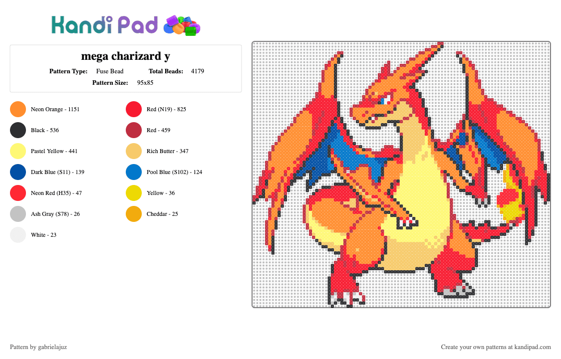 mega charizard y - Fuse Bead Pattern by gabrielajuz on Kandi Pad - red,yellow,orange