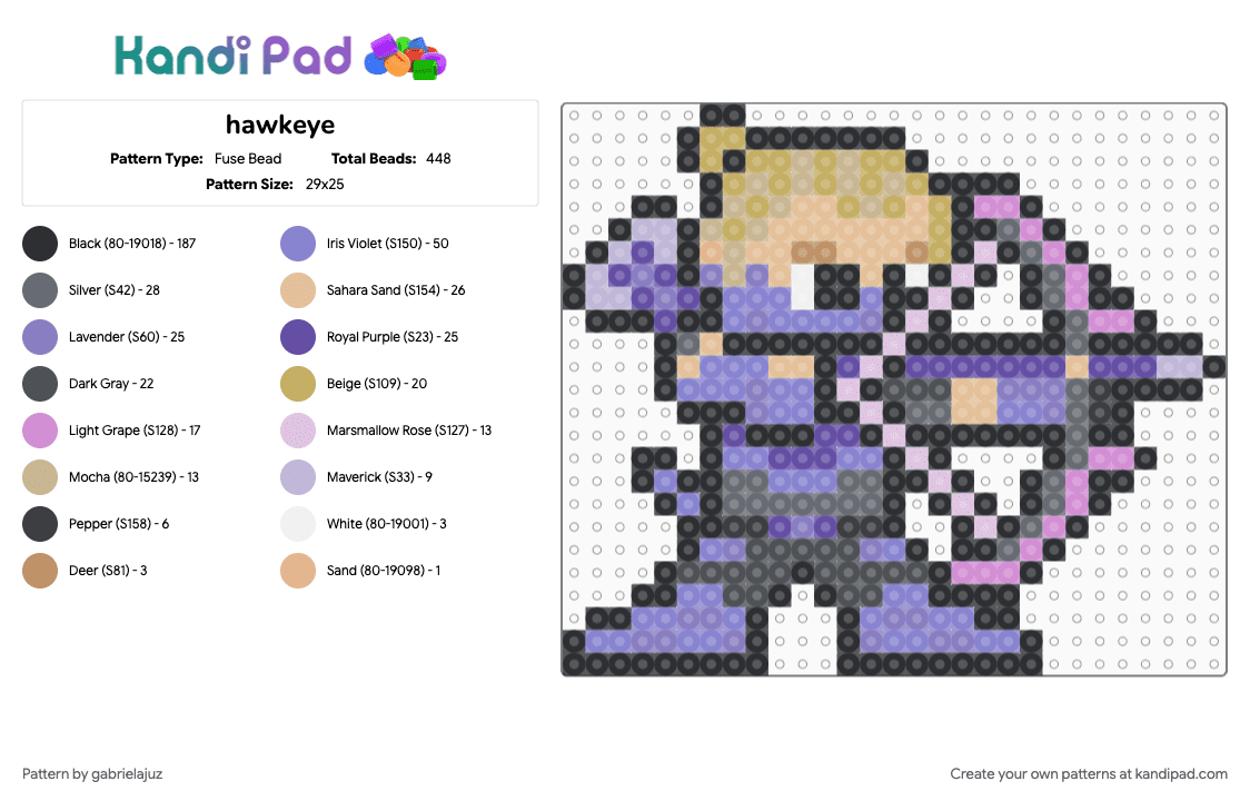 hawkeye - Fuse Bead Pattern by gabrielajuz on Kandi Pad - black, colorful, gray, pink