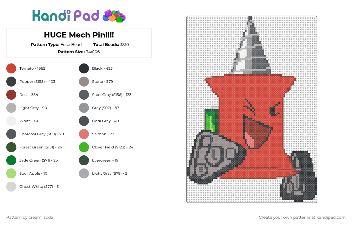 HUGE Mech Pin!!!! - Fuse Bead Pattern by cream_soda on Kandi Pad - red,gray