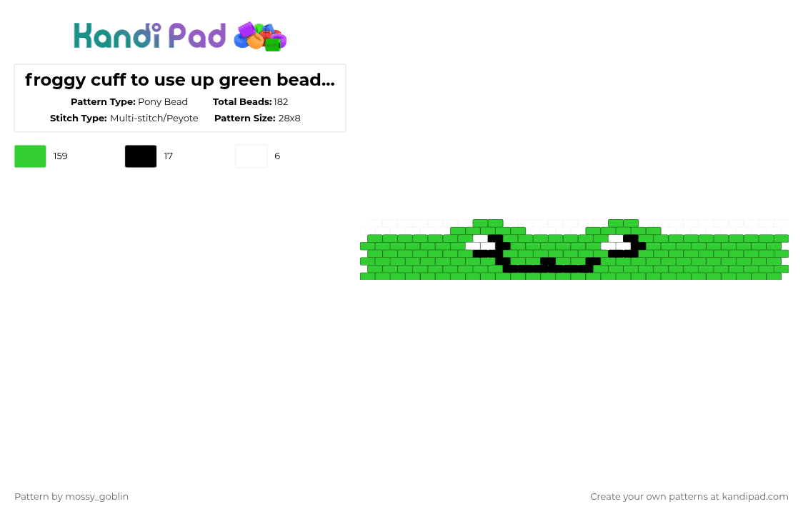 froggy cuff to use up green beads ^^ - Pony Bead Pattern by stringbean_da_fox on Kandi Pad - green,peyote,cuff,frog,kawaii,queer