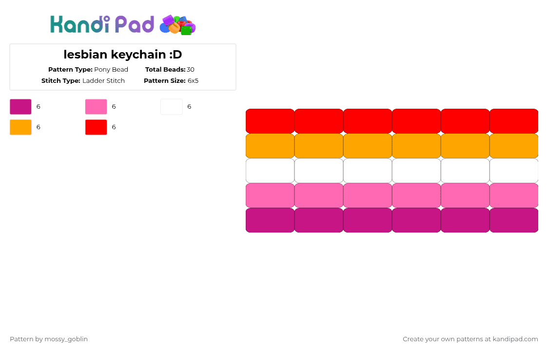 lesbian keychain :D - Pony Bead Pattern by stringbean_da_fox on Kandi Pad - pink,lesbian,pride flag,queer,gay,keychain