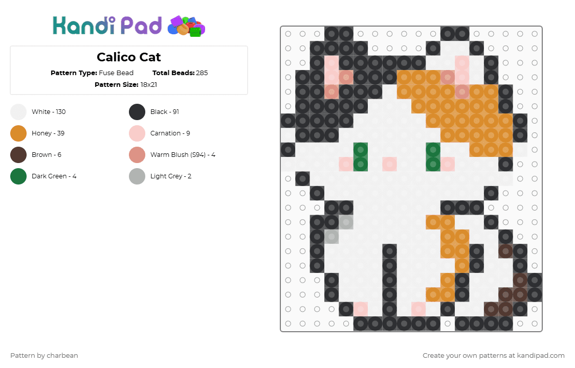 Calico Cat - Fuse Bead Pattern by charbean on Kandi Pad - white,orange