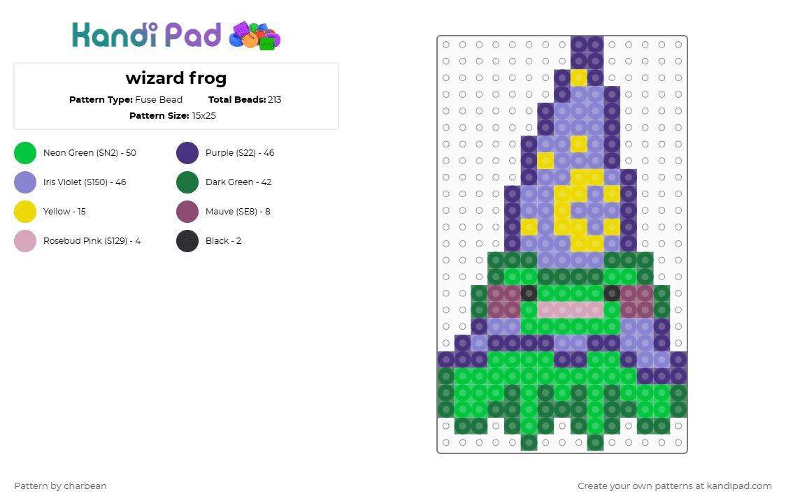 wizard frog - Fuse Bead Pattern by charbean on Kandi Pad - purple,green,blue