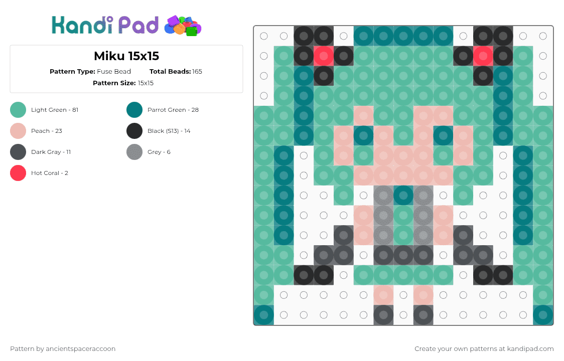 Miku 15x15 - Fuse Bead Pattern by ancientspaceraccoon on Kandi Pad - teal