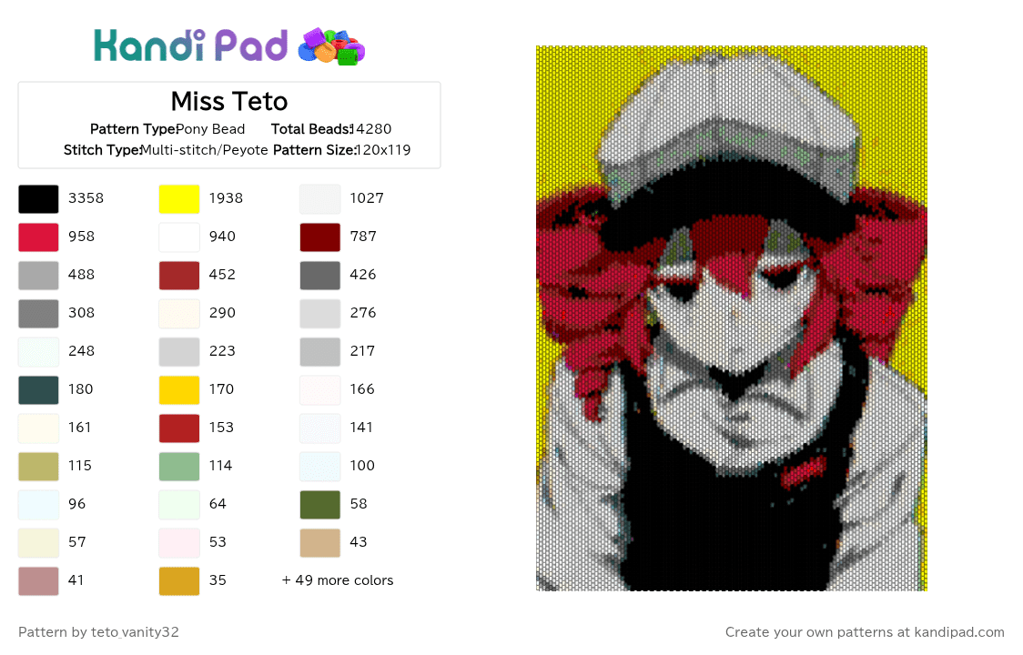 Miss Teto - Pony Bead Pattern by teto_vanity32 on Kandi Pad - white,yellow,gray,brown,colorful