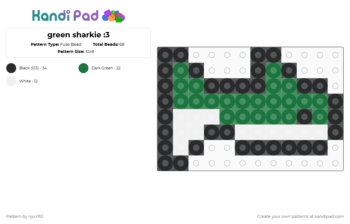green sharkie :3 - Fuse Bead Pattern by nyxx110 on Kandi Pad - green,white,shark,perler beads