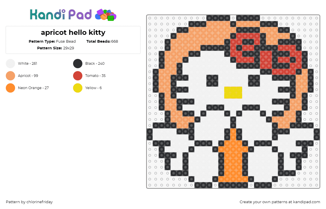 apricot hello kitty - Fuse Bead Pattern by chlorinefriday on Kandi Pad - hello kitty,sanrio,apricot,fruit,character,kawaii,bow,costume,white,orange