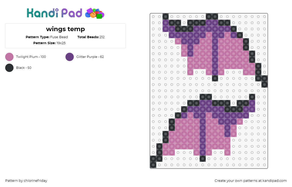 wings temp - Fuse Bead Pattern by chlorinefriday on Kandi Pad - wings,dragon,bat,creature,halloween,vampire,pink