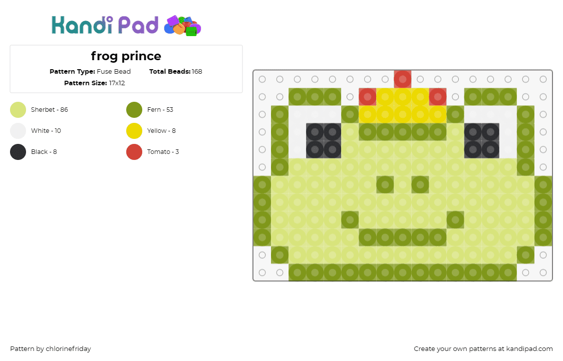 frog prince - Fuse Bead Pattern by chlorinefriday on Kandi Pad - frog,crown,prince,amphibian,cute,animal,face,smile,happy,green