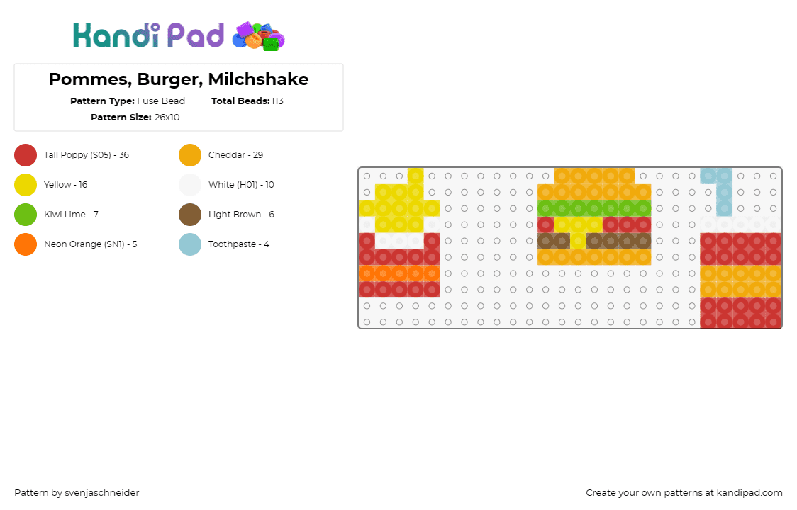 Pommes, Burger, Milchshake - Fuse Bead Pattern by svenjaschneider on Kandi Pad - fires,hamburger,shake,food,drink,mcdonalds,red,orange