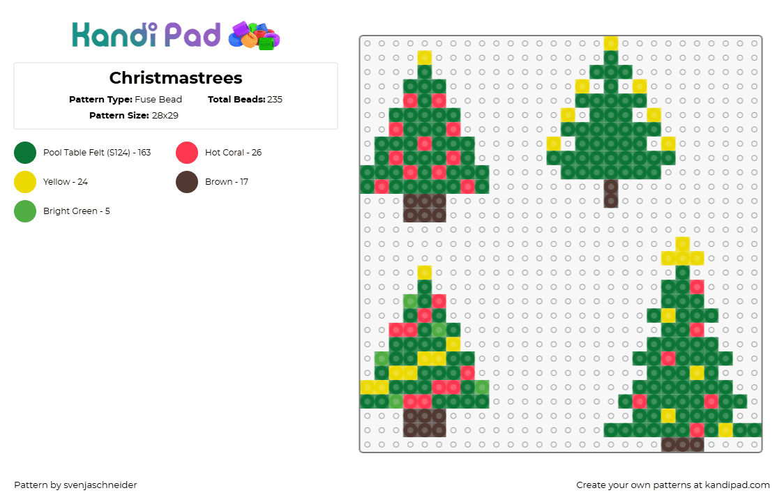 Christmastrees - Fuse Bead Pattern by svenjaschneider on Kandi Pad - trees,christmas,pine,charms,ornaments,festive,holiday,nature,green,yellow,red