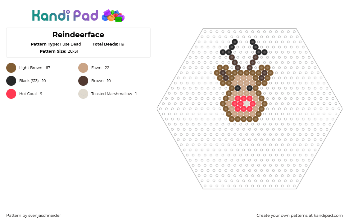 Reindeerface - Fuse Bead Pattern by svenjaschneider on Kandi Pad - rudolph,reindeer,nose,cute,simple,christmas,animal,tan,red