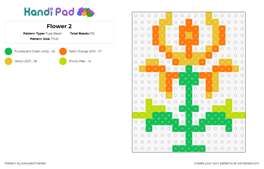 Flower 2 - Fuse Bead Pattern by svenjaschneider on Kandi Pad - flower,plants,nature,radiant,square,meadow,sunlit,vibrant,orange,green