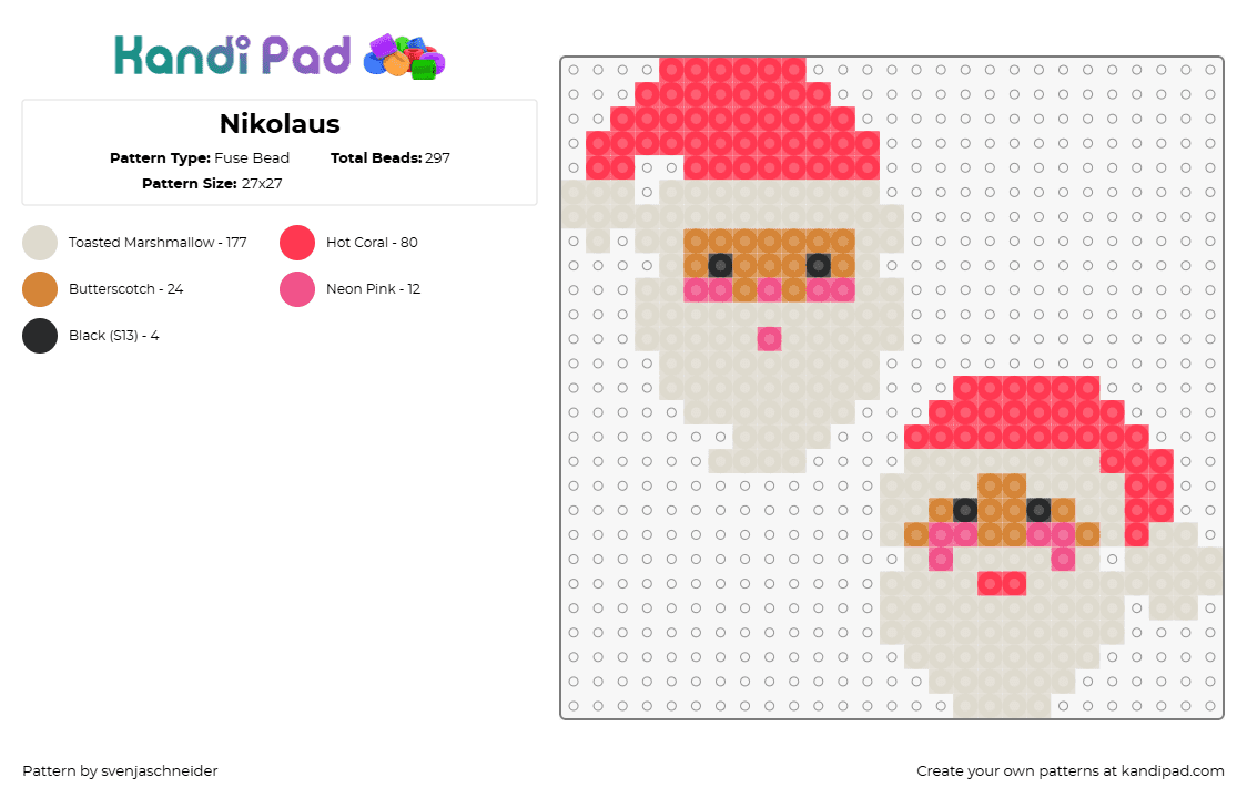 Nikolaus - Fuse Bead Pattern by svenjaschneider on Kandi Pad - santa claus,christmas,heads,charms,st nicholas,hat,beard,beige,red