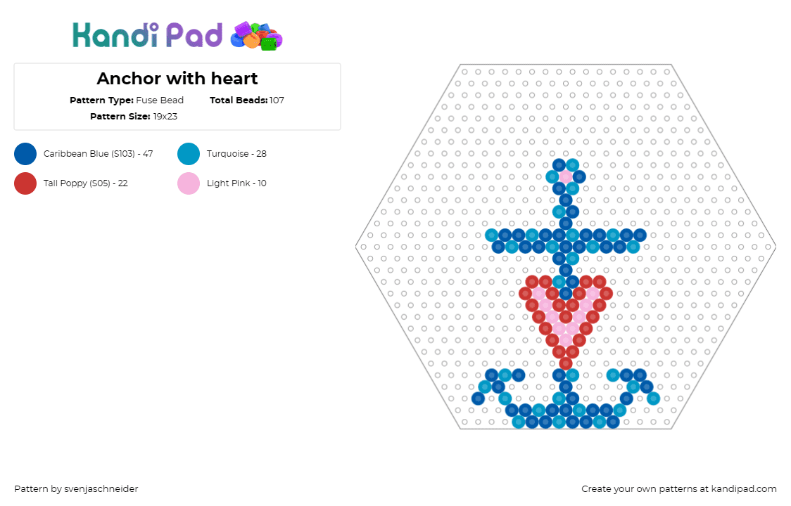 Anchor with heart - Fuse Bead Pattern by svenjaschneider on Kandi Pad - anchor,heart,nautical,love,hexagon,blue,pink