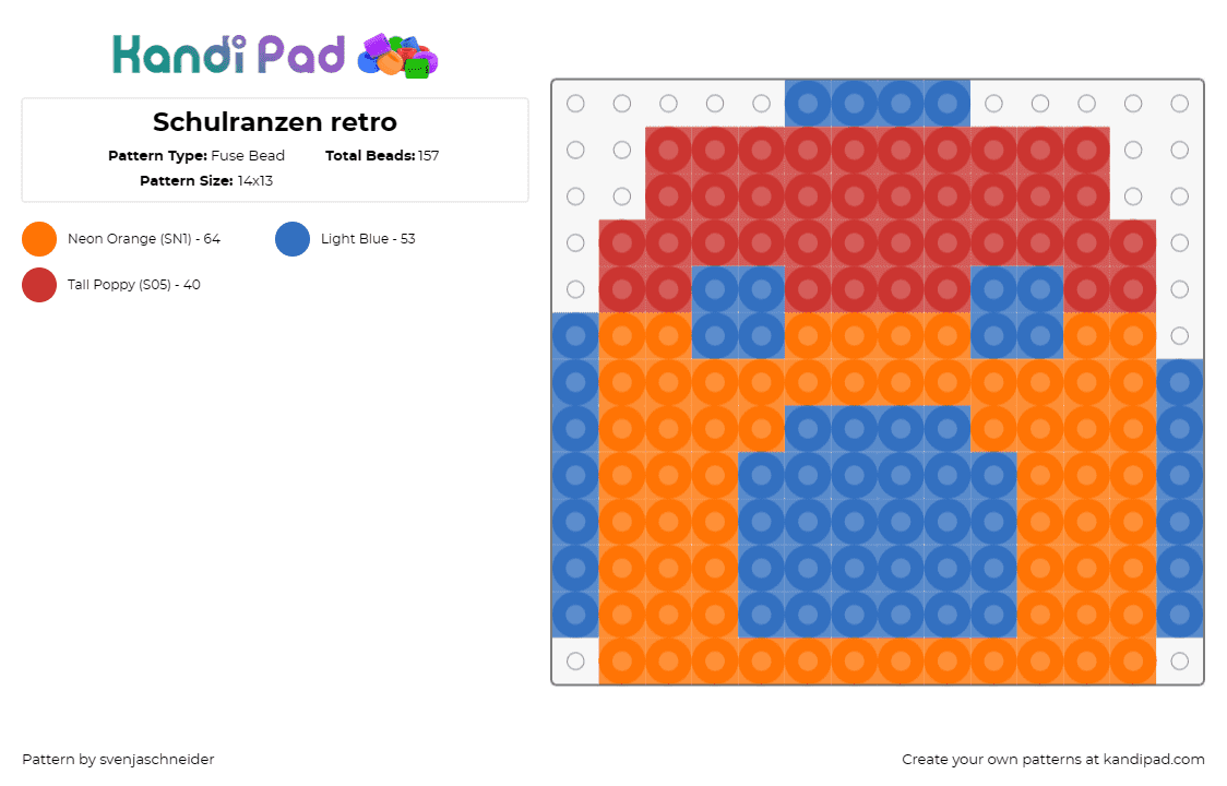 Schulranzen retro - Fuse Bead Pattern by svenjaschneider on Kandi Pad - backpack,bag,retro,classic,nostalgia,robot,colorful,orange,blue,red