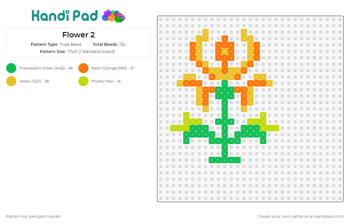 Flower 2 - Fuse Bead Pattern by svenjaschneider on Kandi Pad - flower,plants,nature,radiant,square,meadow,sunlit,vibrant,orange,green