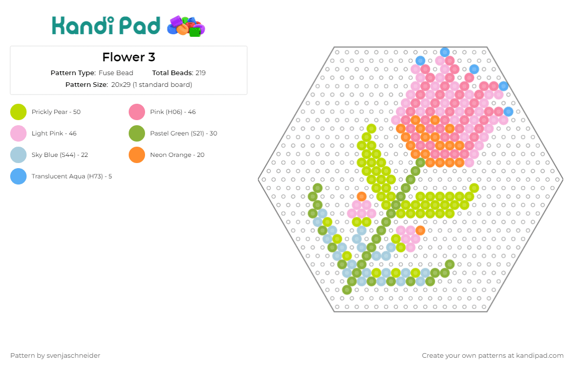Flower 3 - Fuse Bead Pattern by svenjaschneider on Kandi Pad - flower,plants,nature,floral,hexagon,garden,spring,bloom,pink,green